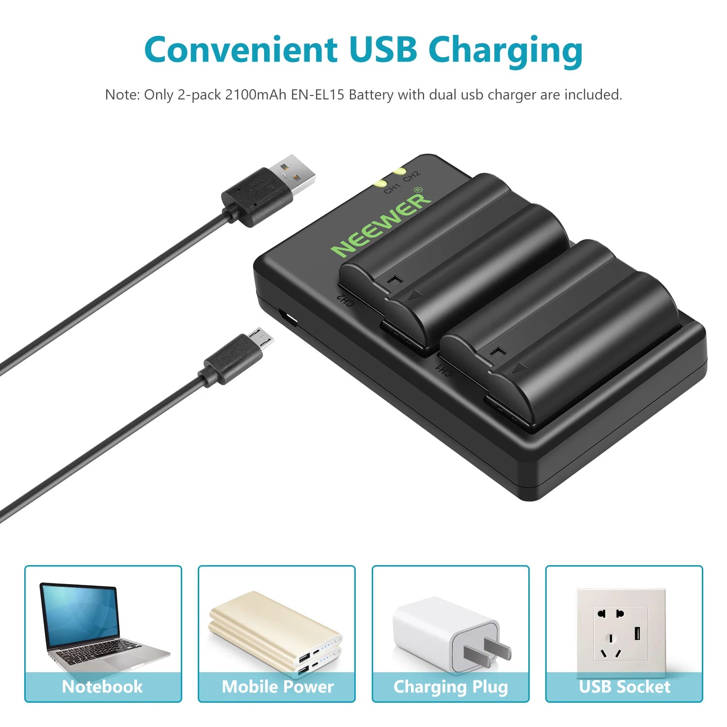 NEEWER Replacement Battery and Charger Set for Nikon EN-EL15