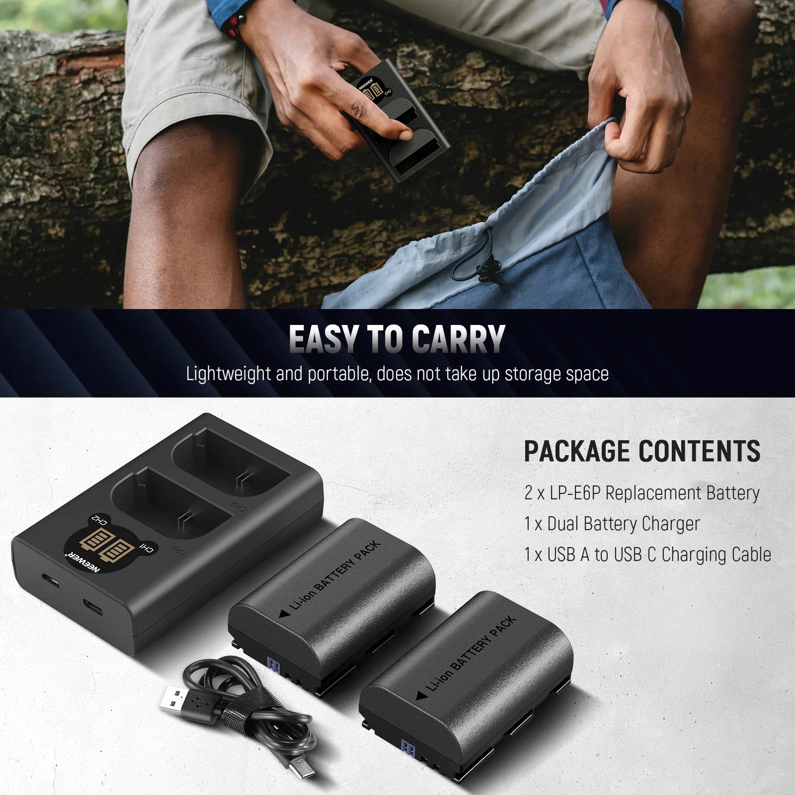 NEEWER 2 Pack 2200mAh LP-E6P Replacement Battery & Charging Set For Canon EOS