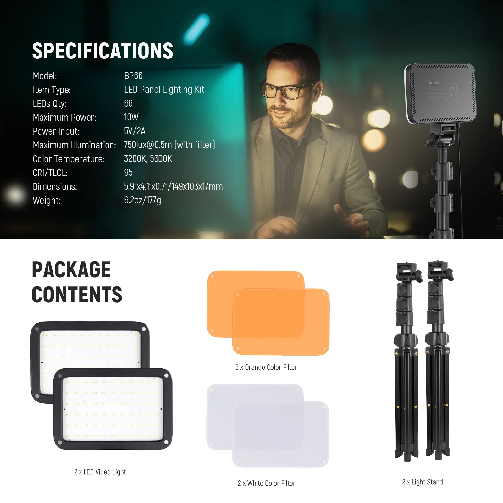 Neewer BASICS BP66 2 Pack Bi-Color Video Light Panel Lighting Kit