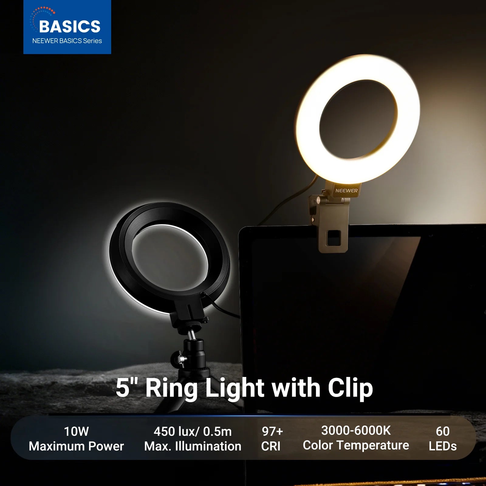 NEEWER BASICS BR60 5" Bi-Color Mini Ring Light + Mini Tripod
