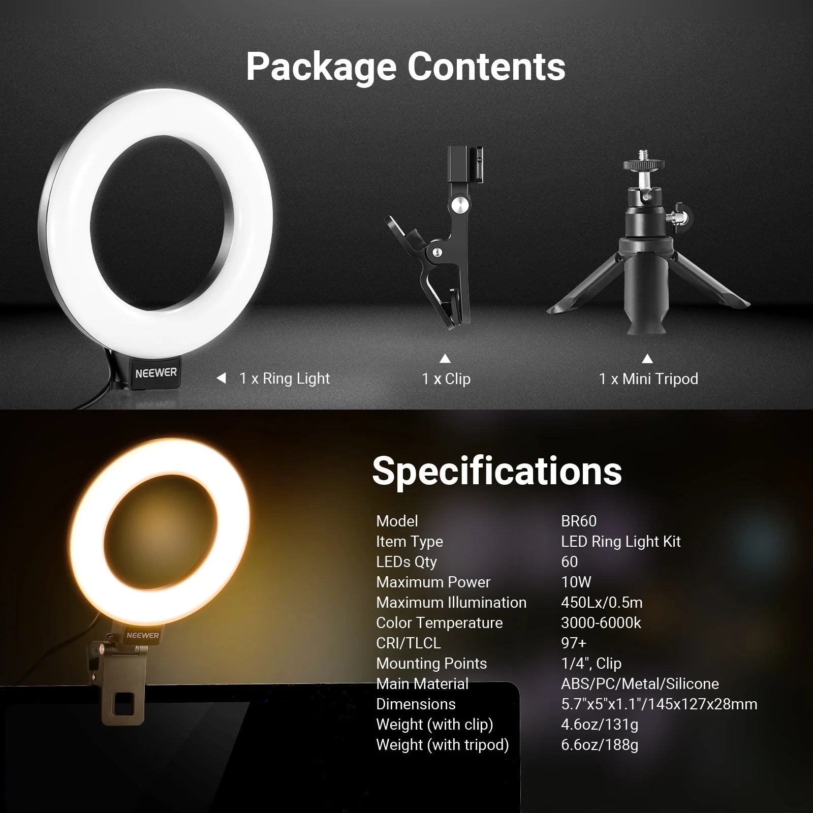 NEEWER BASICS BR60 5" Bi-Color Mini Ring Light + Mini Tripod