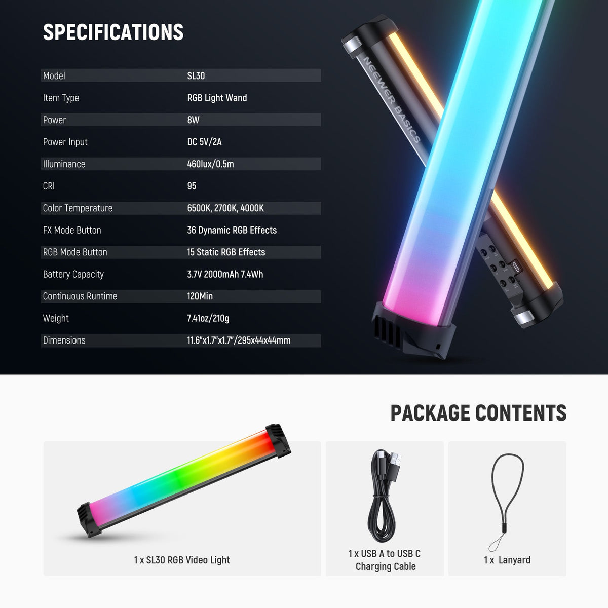 NEEWER BASICS SL30 (30cm - 8W) Magnetic Handheld RGB Light Wand