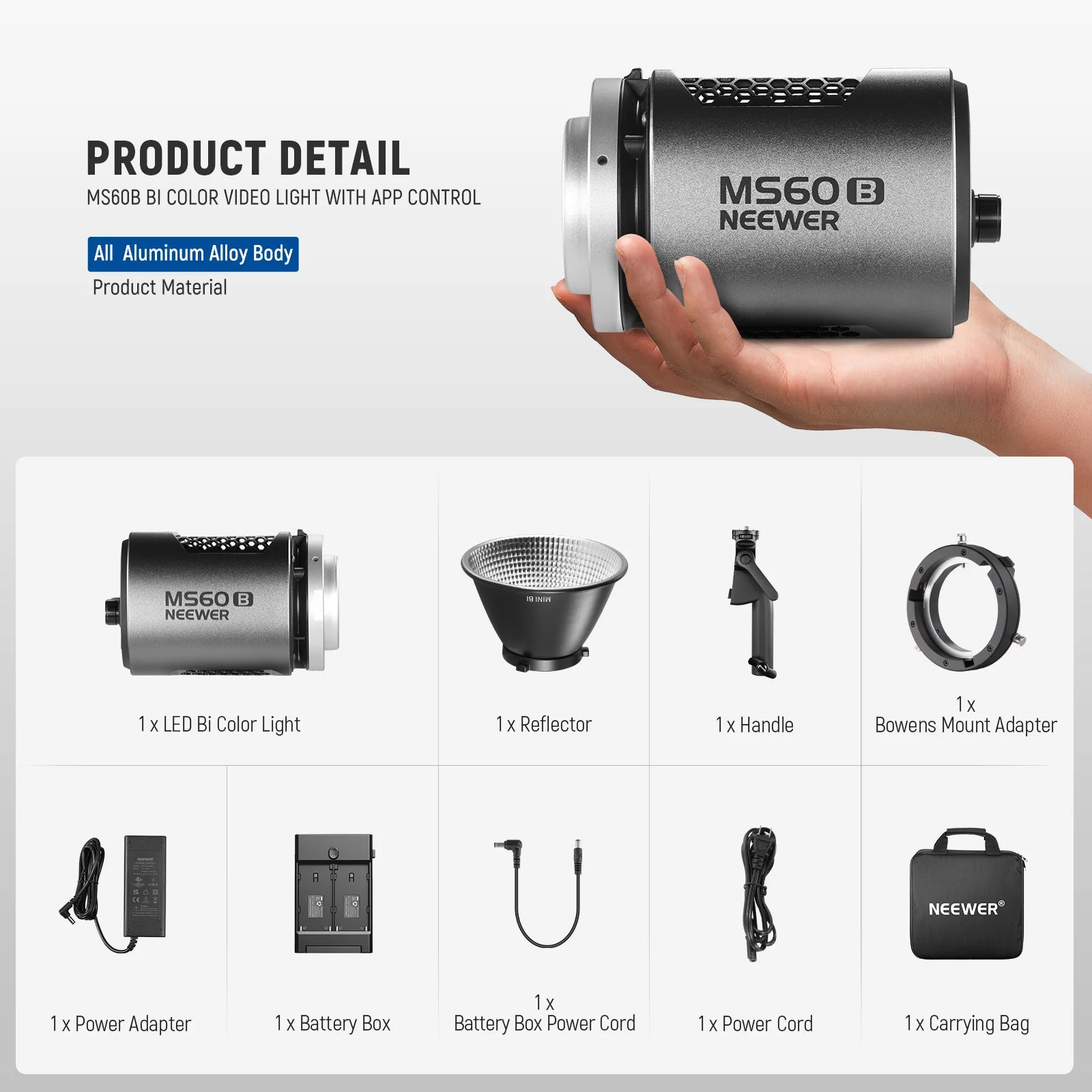 NEEWER MS60B Bi-Color LED Video Light Handheld Spotlight