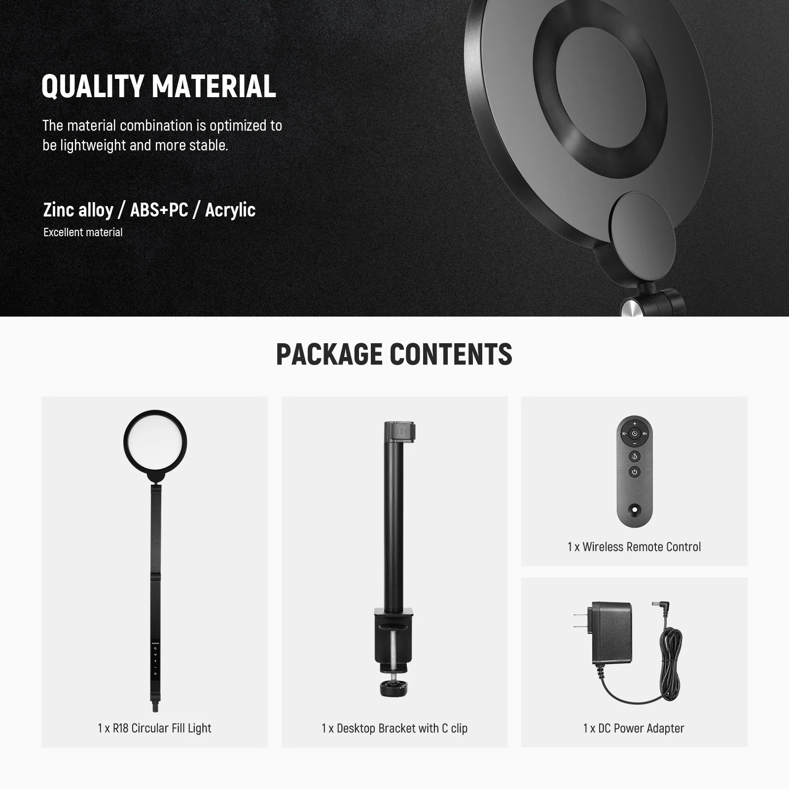 NEEWER BASICS R18 18W 7" Round Fill Light With Desktop Stand