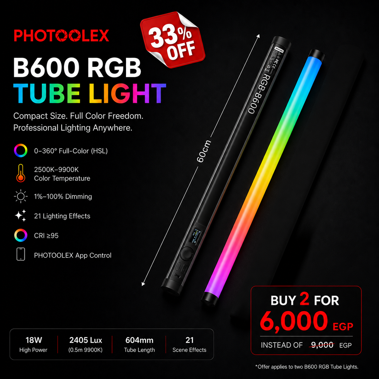 PHOTOOLEX 2- Light Kit B600S RGB Magnetic Tube Light