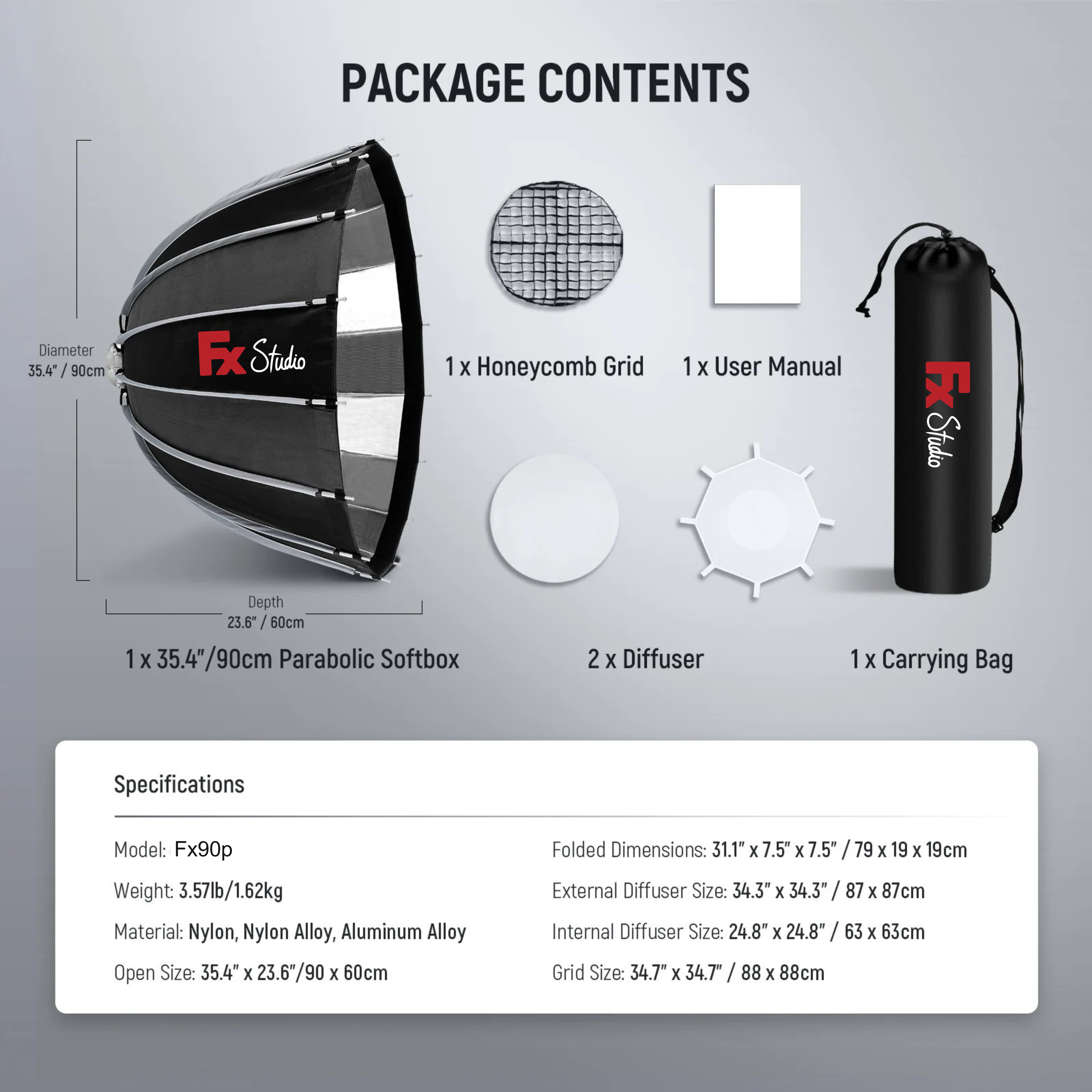 Fx Studio 90cm Deep Parabolic Softbox with Grid (Bowens Mount)