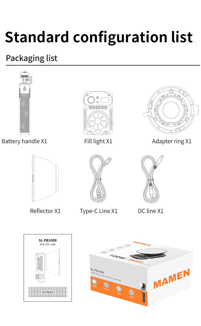 Mamen 100W RGB LED COB Professional LED Video Light with 140W Power Supply Handle
