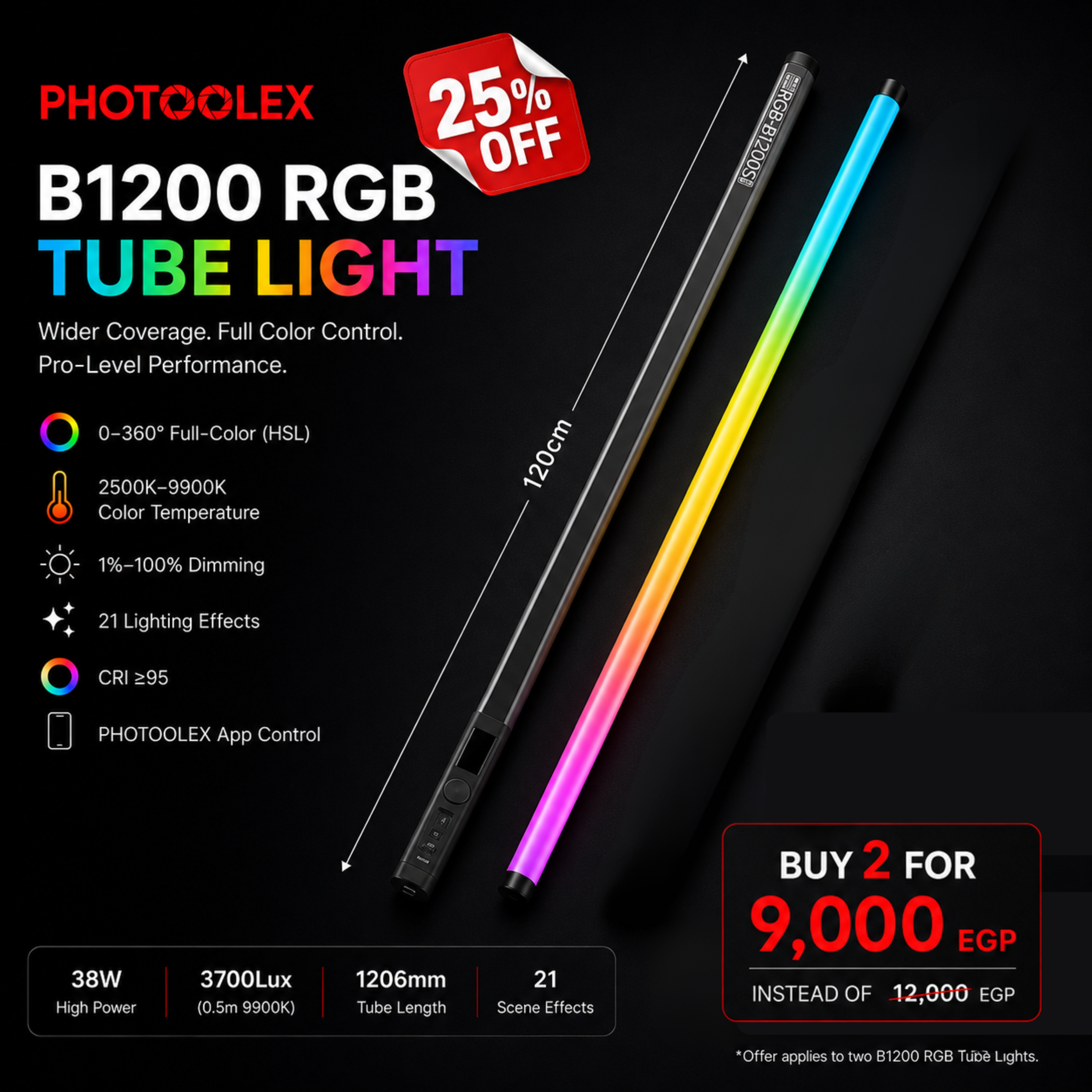 PHOTOOLEX 2- Light Kit B1200S RGB Magnetic Tube Light